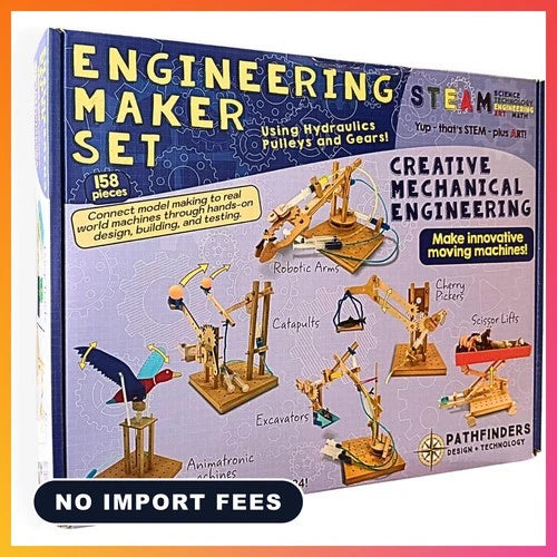 Engineering Maker Set — Real Wood STEM Building Kit \| Hydraulics, Gears, Levers
