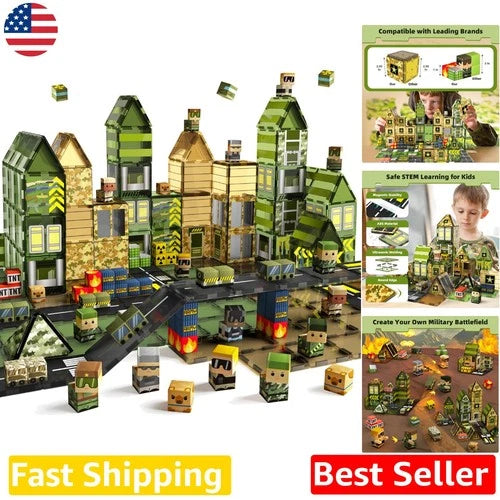 STEM Magnetic Tiles 100PC Army Base Building Blocks Kids Educational Gift