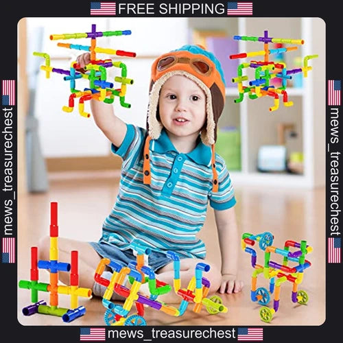 Kids STEM Building Set 188 Pcs Water Pipe Blocks with Wheels & Baseplate