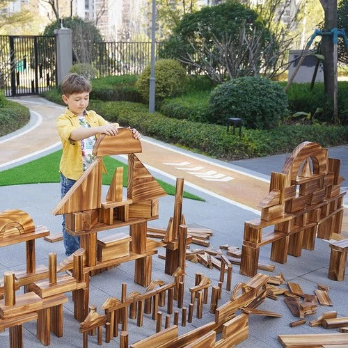 Large Vintage Solid Carbonized Wooden Building Blocks Set for Kids 3-12