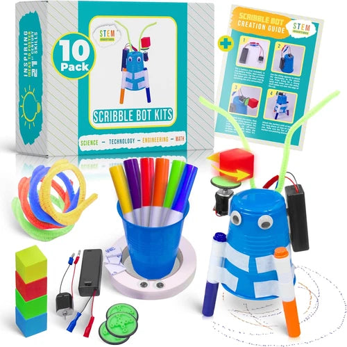 Scribble Bot Kit, 10-Pack - Bulk DIY Doodle Drawing Robot STEM Kit