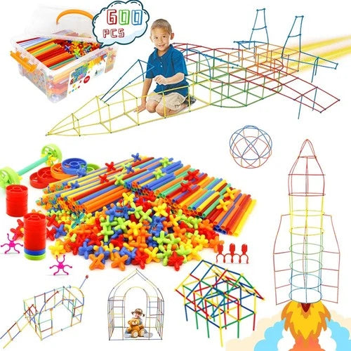 600Pcs STEM Building Toy Set - Interlocking Straw Constructor Blocks for Kids 3-