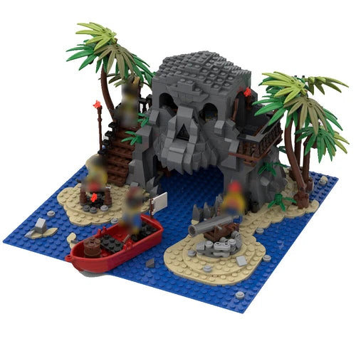 MOC: Pirate Island Model with a Boat, Cannon and Palm Trees 1157 Pieces