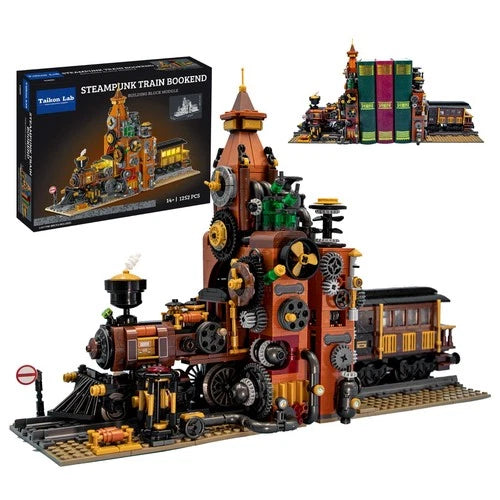 Steampunk Train Bookend Building Block Set, 1252pcs Creative Bricks with Light M