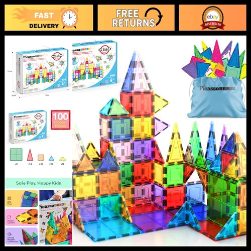 100PC Magnetic Building Tiles Set, Clear 3D Blocks for Kids 3+, STEM Educational