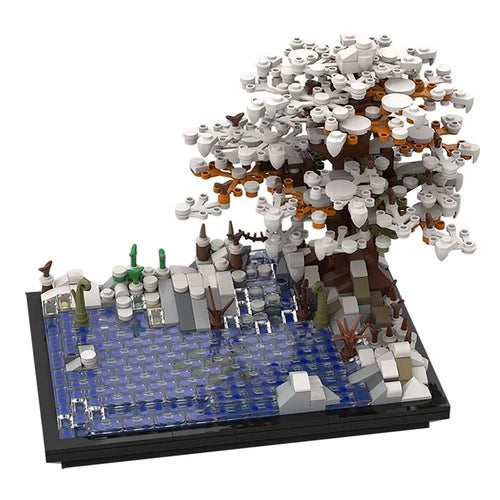 MOC: Winter Lake and Large Tree with Many Leaves and Many Snow 855 Pieces