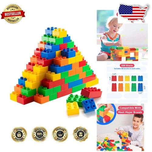 Jumbo Building Blocks for Toddlers: 300 PC Mega Bricks, 5 Colors, STEM Toy, C...