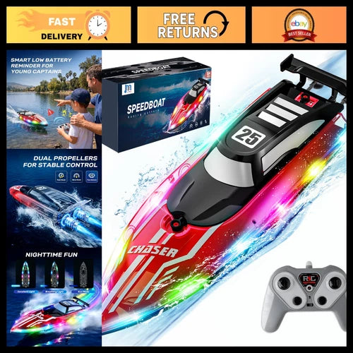 Remote Control RC Boat for Kids, LED Lights, Fast Pool Toy, Water Fun
