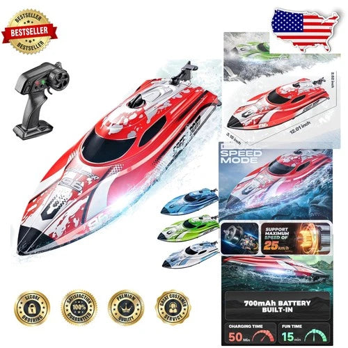 Fast RC Boat 12" Red 25 KPH Waterproof Remote Control Toy for Pool Lakes