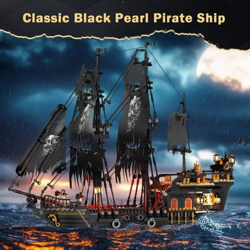 Black Pirate Ship Model Building Set with LED Lights - Adult Collectible Kit