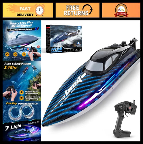 30KMH Waterproof RC Remote Control Boat - 7 LED Light Modes, Fast Electric Fun