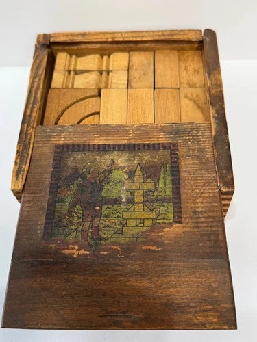 Antique Architectural German Building Blocks Slide Top Wooden Box