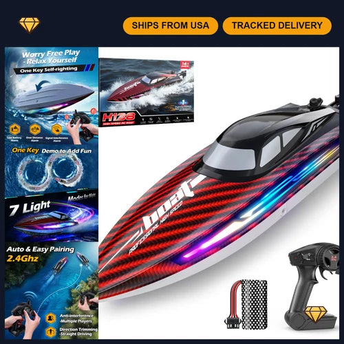 Fast Remote Control RC Boat for Kids & Adults, 30+KPH Speed, 7 LED Lights