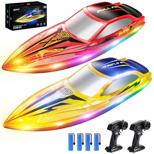 DEERC Fast RC Boat 2-Pack for Kids 120 Min 7 LED Modes Capsize Recovery 2.4GHz