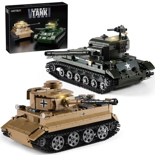 WW2 Army Tank Building Set, Tiger I & M26 Pershing Model Kit, Light-Up