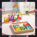 Kids Rainbow Building Blocks Set with Wooden Base, 18 Acrylic Shapes, 10 Colors