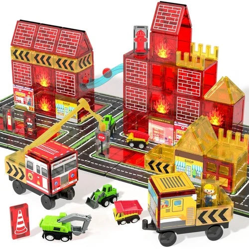 Magnetic Fire Truck Building Set - STEM Magnet Blocks for Kids 4-8, Creative Pla