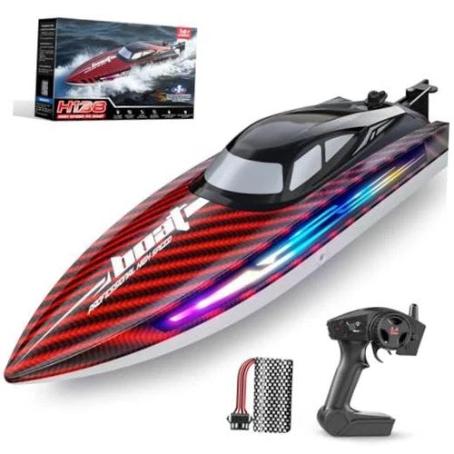 RC Boat for Kids & Adults - Fast Remote Control - 30+KPH - 7 LED Lights - Red