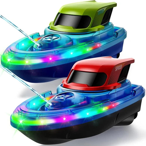 2 Pack RC Boats for Kids, LED Lights, Water Spray, 40 Min Playtime