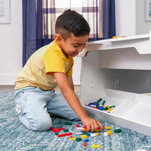 New KidKraft Building Bricks Play N Store Mega Table w/210 Bricks, White 1601399