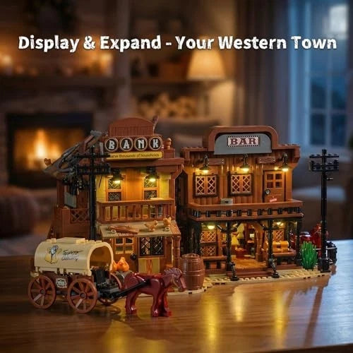 Wild West Modular Building Set - Cowboys Cabin, Horses, Wagon & LED Lights (1299