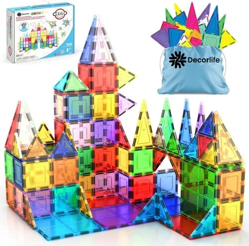 Decorlife 100 Piece Magnetic Building Tiles Clear 3D Blocks for Kids Educational