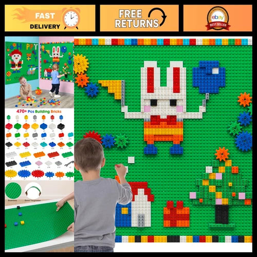 Customizable Building Block Wall Set, 470+ PCS Bricks & 8 Adhesive Baseplates, G