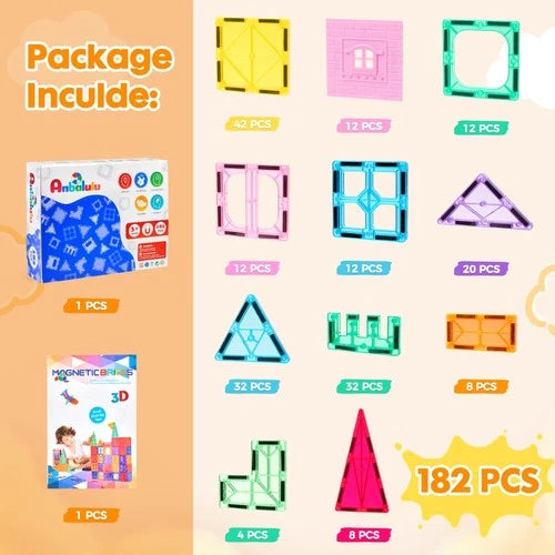 Anbalulu 182PCS Magnetic Tiles, Large Castle Building Blocks For Kids AN-182