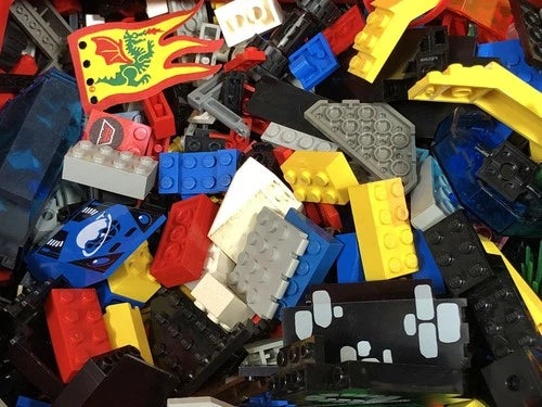 5lbs Bulk Vtg MEOW Bricks, Bases, Wheels/Axles, Accessories w/ Red Plastic Case
