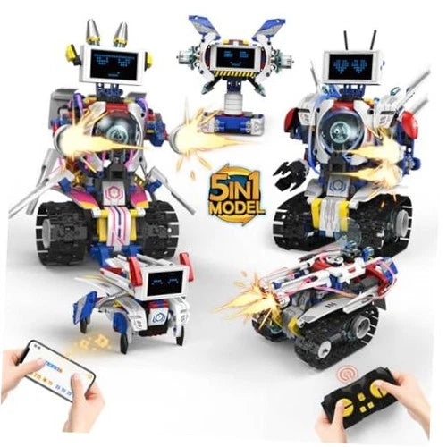 5 in 1 Robot Building Set with LED Display for Boys Kids Ages 8-12 \| RC & APP
