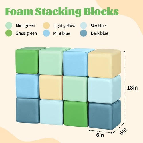 Foam Building Blocks for Toddlers：12-Pieces Wipeable Leather Stacking Cubes K...