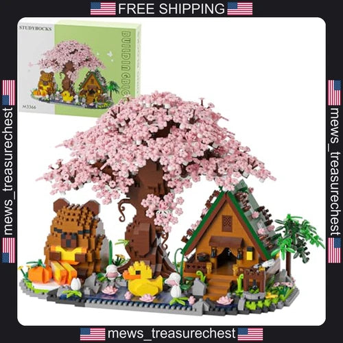 Building Block Set with Capybara, Cherry Blossom, and Cozy Cabin for Kids