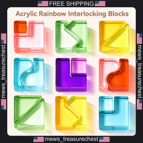 Kids Rainbow Building Blocks Set with Wooden Base, 18 Acrylic Shapes, 10 Colors