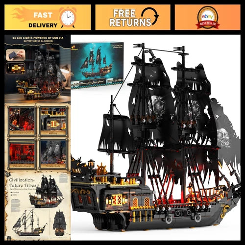 Black Pirate Ship Model Building Set with LED Lights - Adult Collectible Kit