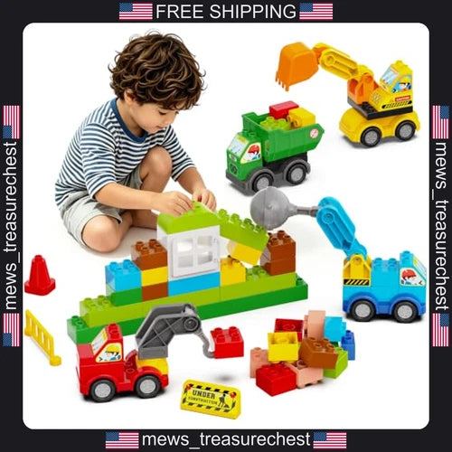 Construction Building Blocks Set with 100+ Pieces and 4 Trucks for Kids