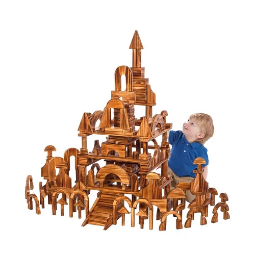Large Vintage Solid Carbonized Wooden Building Blocks Set for Kids 3-12 Outdo...