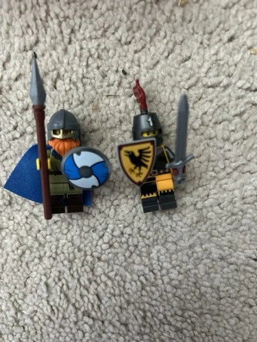 MEOW Castle Knight/Viking Minifigure Lot w/ Helmets Weapons Shields Capes
