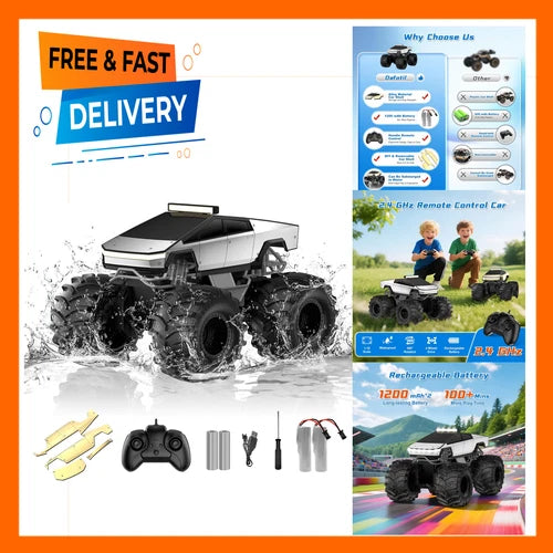 Amphibious RC Car, 1:18 Scale Waterproof Monster Truck with Lights, 4WD Off-Road