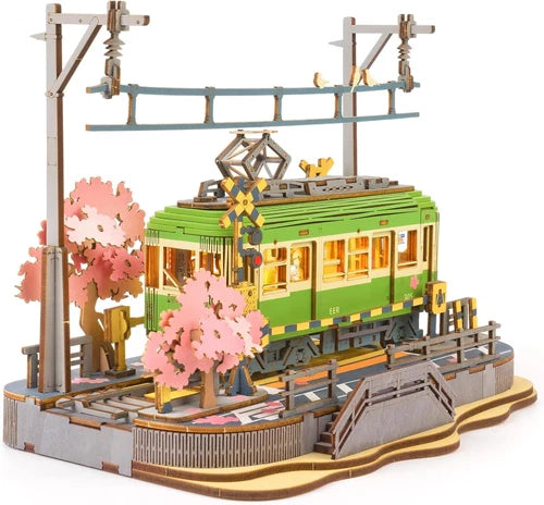 3D Wooden Puzzle Sakura Journey Tram DIY Model Building Kit with LED Lights