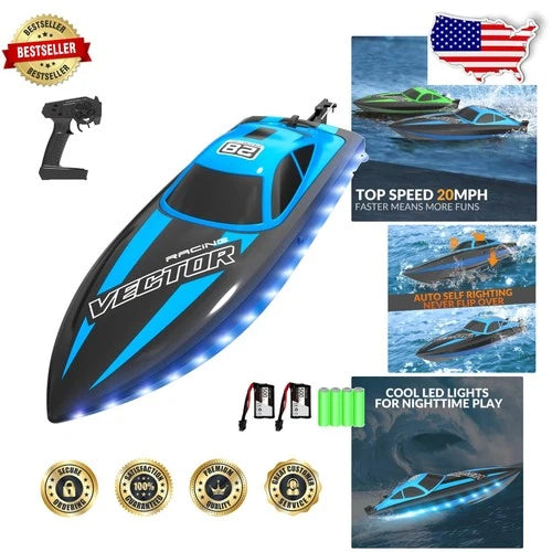 Remote Control Boat Blue, 20MPH Speed, 2 Batteries, LED Lights, Easy Control