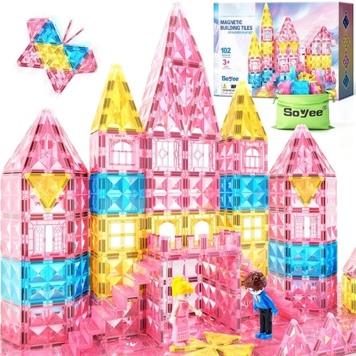 Magnetic Tiles 102Pcs with 2 Stairs 2 Dolls Princess Castle Kids Ages 3-12