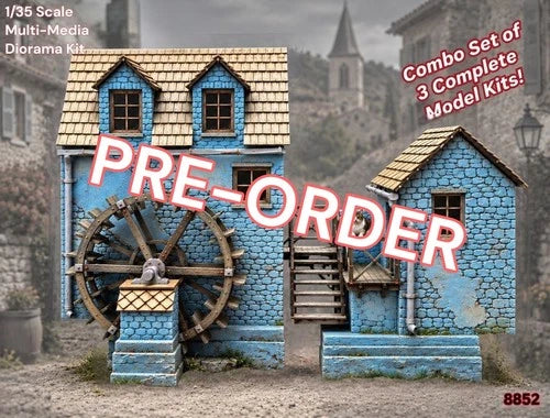 1/35 Diorama Combo Set 3 Kits Stone European Water-Mill Bldgs +Foilage Pack 8852
