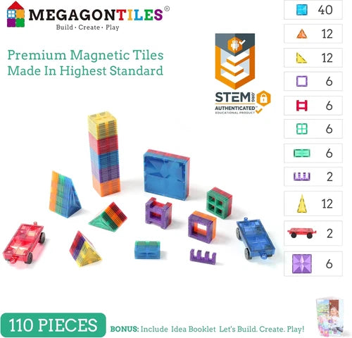 110PCS Premium Magnetic Tiles Set Stem-Authenticated Magnetic Building Blocks