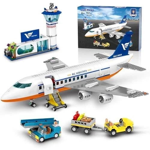 CUBIMANA 21-Inch Large City Passenger Airplane Building Set with LED Light