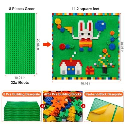 Customizable Building Block Wall Set, 470+ PCS Bricks & 8 Adhesive Baseplates, G
