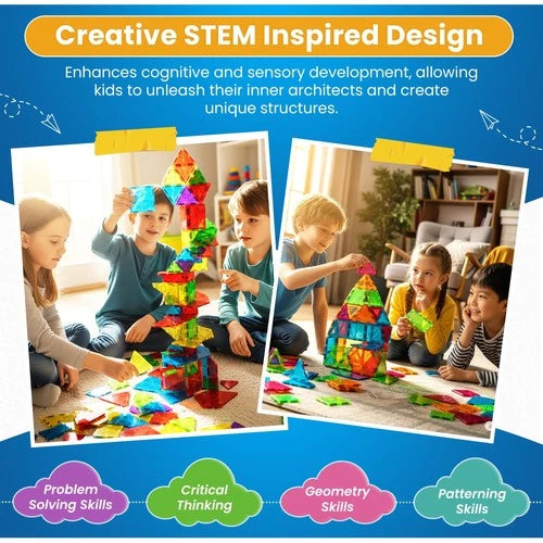 100 Pc Magnetic Tiles Building Blocks Set for Kids Magnet Tiles