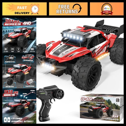 High-Speed 4WD Remote Control Car 30+KPH, 1:18 RC Monster Truck, 2 Batteries & L