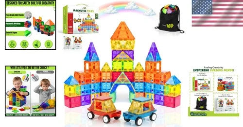 Magnetic Tiles 100 pcs with 2 Cars, STEM Building Blocks for Kids, Educationa...