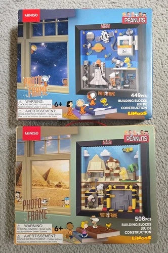 TWO LINOOS PEANUTS SNOOPY SPACE & PYRAMID BUILDING BLOCK SETS IN UNOPENED BOXES