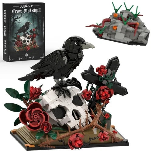 Gothic Raven Skull Rose Building Set - 998pcs Skull Decor with Flowers & Cros...